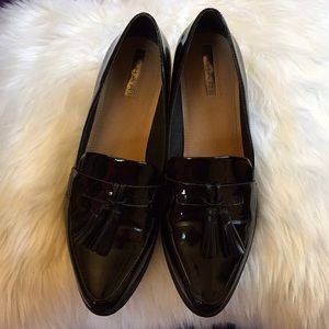 Black patent tassel loafers by Tahari barely worn